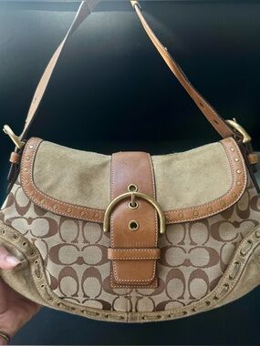 Coach Tan & Brown Signature Canvas Shoulder Bag with Leather Trim.
